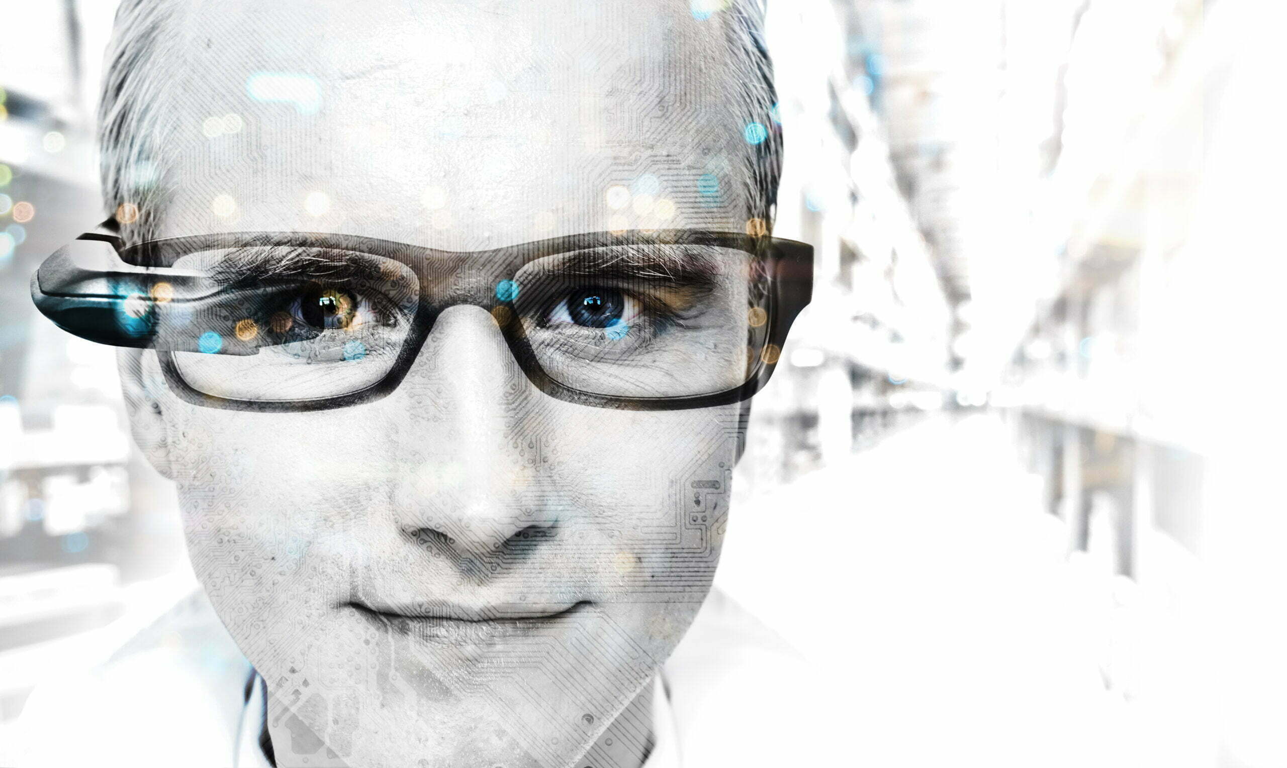 Augmented reality on smart AR glasses technology.Digital transformation disruption all industry technology , artificial intelligence concept. Double exposure of male face , circuit board in warehouse.